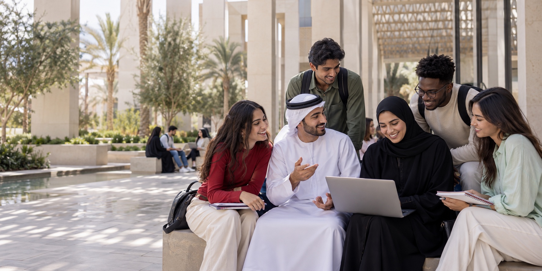 Diverse university students collaborating on a contemporary Dubai campus
